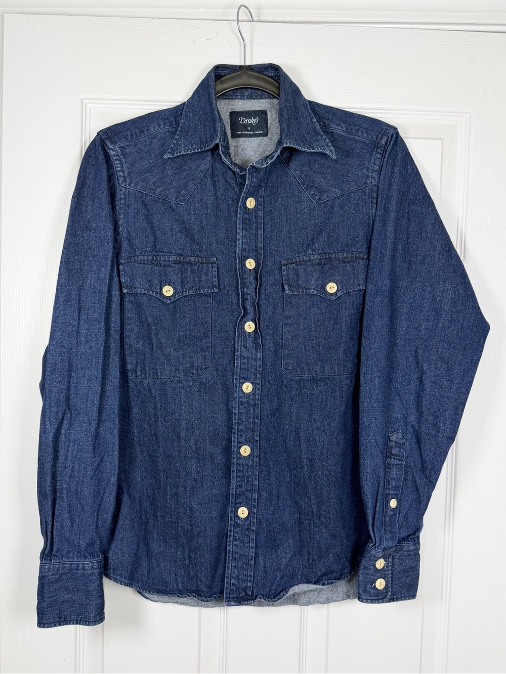 Drake's Size S • Denim Blue Cotton Linen Two Pocket Work Shirt Drakes.